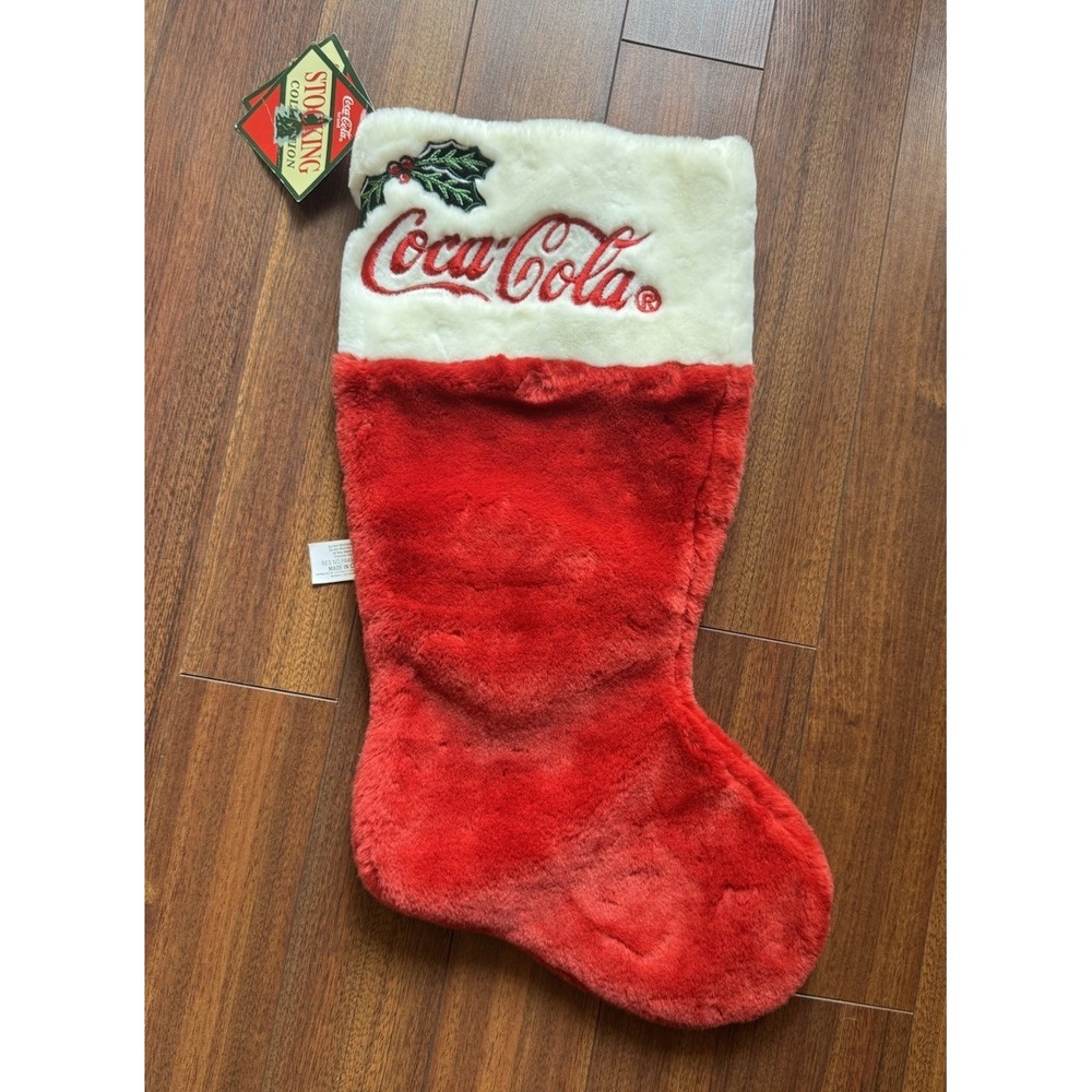 Vintage Coca Cola Plush Christmas Stocking Embroidered Logo White Cuff Holly